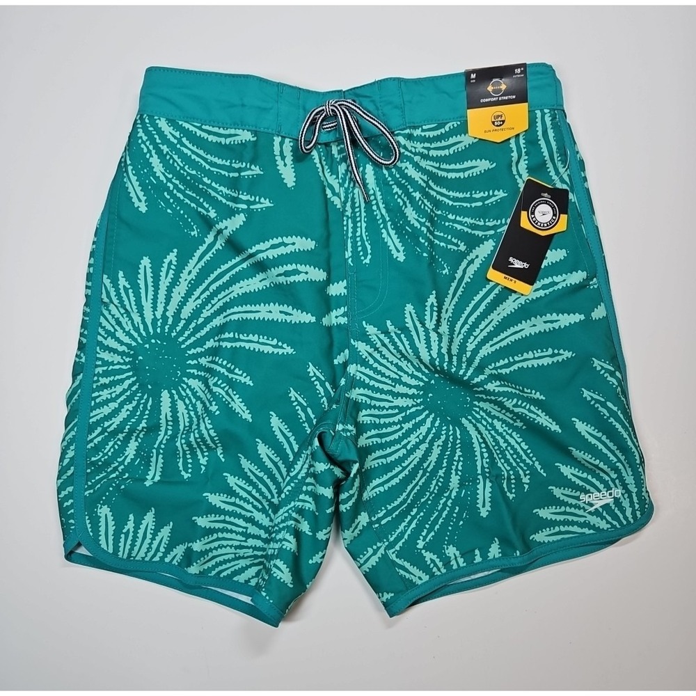 Speedo Mens UPF 50 Swim Trunks Green Tropical Print‎ Size Medium NWT